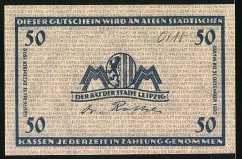 Notgeld Leipzig, 1920, 50 Pf, Gutschein der Stadt Leipzig, Seriennummer 