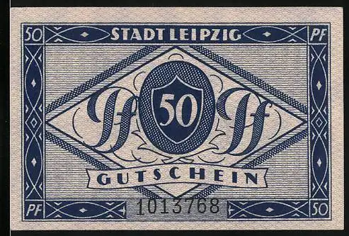 Notgeld Leipzig, 1920, 50 Pfennig, Gutschein mit Seriennummer , Text und Stadtwappen auf Rückseite