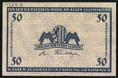 Notgeld Leipzig, 1920, 50 Pfennig, Gutschein mit Seriennummer , Text und Stadtwappen auf Rückseite