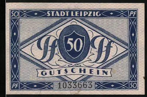 Notgeld Leipzig, 1920, 50 Pf, Gutschein der Stadt Leipzig, Seriennummer , blauer Druck