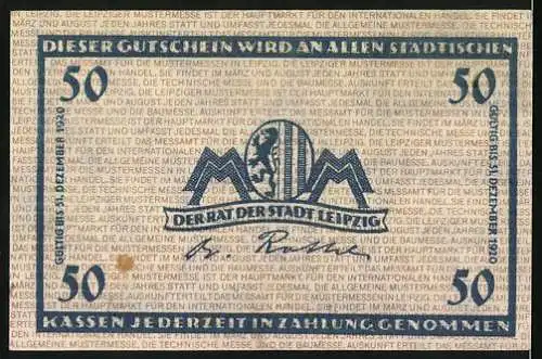 Notgeld Leipzig, 1920, 50 Pf, Gutschein der Stadt Leipzig, Seriennummer , blauer Druck