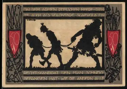 Notgeld Detmold, 1920, 50 Pf, Stadtwappen und historische Szene