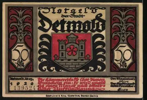 Notgeld Detmold, 1920, 50 Pf, Stadtwappen und historische Szene