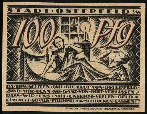 Notgeld Osterfeld, 1921, 100 Pfennig, Mann im Bett und Bergmann mit Lore