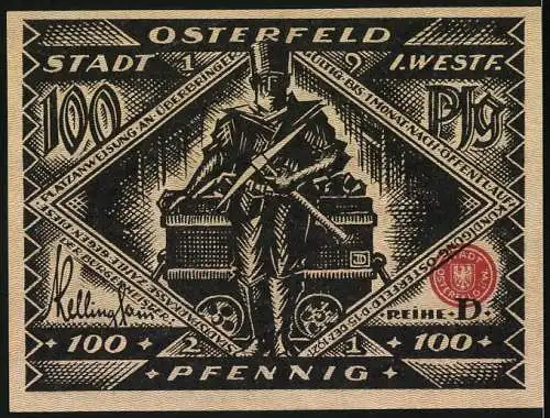 Notgeld Osterfeld, 1921, 100 Pfennig, Mann im Bett und Bergmann mit Lore