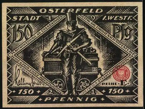 Notgeld Osterfeld, 1921, 150 Pfennig, zwei Männer vor Zug und Arbeiter mit Lore