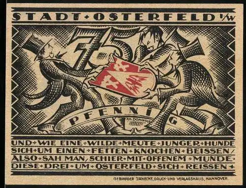 Notgeld Osterfeld, 1921, 75 Pfennig, Bergmann mit Lore und kämpfende Männer mit Wappen