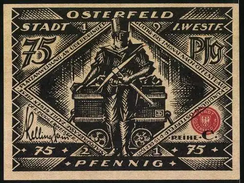 Notgeld Osterfeld, 1921, 75 Pfennig, Bergmann mit Lore und kämpfende Männer mit Wappen