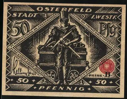 Notgeld Osterfeld, 1921, 50 Pfennig, Bergmann mit Lore und Arbeiter mit Zylinderhüten