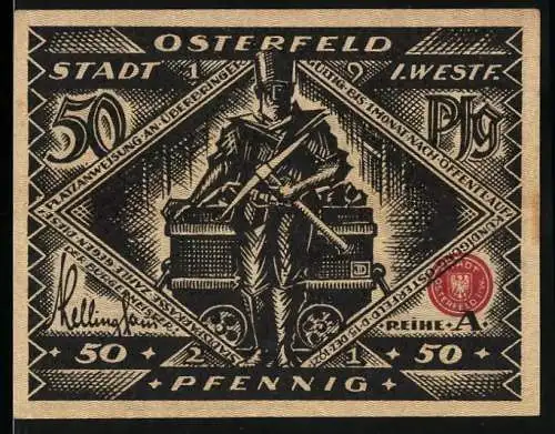 Notgeld Osterfeld 1921, 50 Pfennig, Bergmann mit Förderwagen und Stadtansicht mit Fabriken