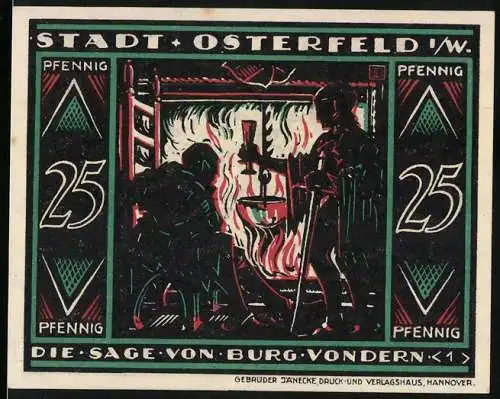 Notgeld Osterfeld, 1921, 25 Pfennig, Die Sage von Burg Vondern, Feuerstelle und Text