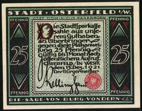 Notgeld Osterfeld 1921, 25 Pfennig, Die Sage von Burg Vondern, Rathaus und Legende