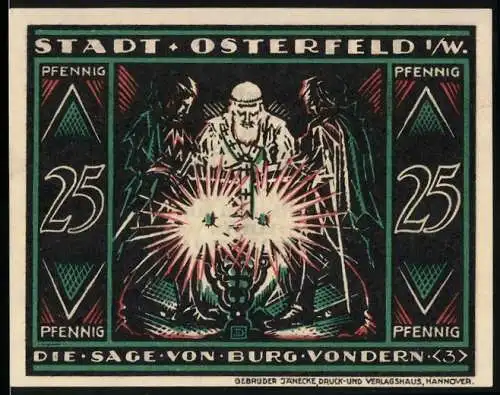 Notgeld Osterfeld 1921, 25 Pfennig, Die Sage von Burg Vondern, Darstellung mit drei Figuren und Lichtstrahlen