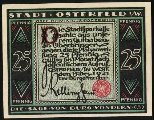 Notgeld Osterfeld 1921, 25 Pfennig, Die Sage von Burg Vondern, Darstellung mit drei Figuren und Lichtstrahlen