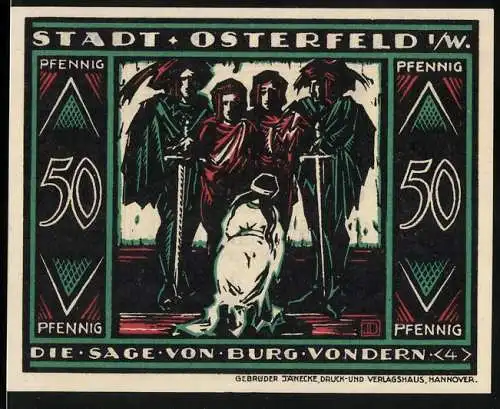 Notgeld Osterfeld 1921, 50 Pfennig, Die Sage von Burg Vondern, Stadtsparkasse zahlt an Überbringer 50 Pfennig