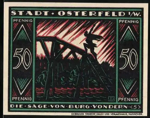 Notgeld Osterfeld 1921, 50 Pfennig, Die Sage von Burg Vondern, stilisierte Darstellung einer Figur auf Brücke