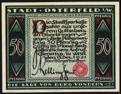 Notgeld Osterfeld 1921, 50 Pfennig, Die Sage von Burg Vondern, stilisierte Darstellung einer Figur auf Brücke