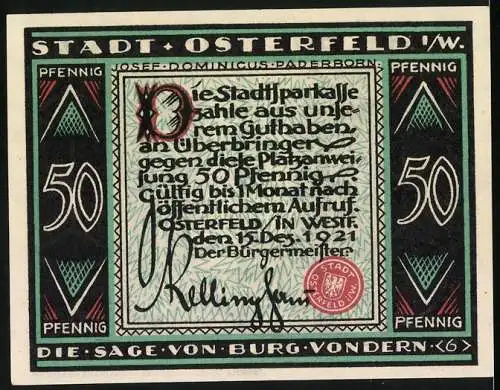 Notgeld Osterfeld 1921, 50 Pfennig, Die Sage von Burg Vondern, Gebrüder Jänecke Druck und Verlagshaus Hannover