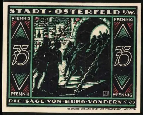 Notgeld Osterfeld 1921, 75 Pfennig, Die Sage von Burg Vondern, Stadtsparkasse, Grün-Schwarz-Rot Design