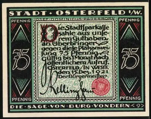 Notgeld Osterfeld 1921, 75 Pfennig, Die Sage von Burg Vondern, Stadtsparkasse, Grün-Schwarz-Rot Design