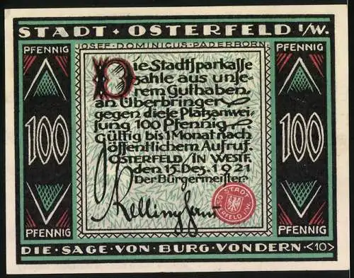 Notgeld Osterfeld 1921, 100 Pfennig, Die Sage von Burg Vondern - Stadtsparkasse, Gültig bis 15. Dez. 1921