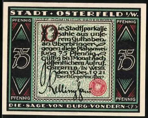 Notgeld Osterfeld, 1921, 75 Pfennig, Die Sage von Burg Vondern mit Stadtansicht und Burgszenen