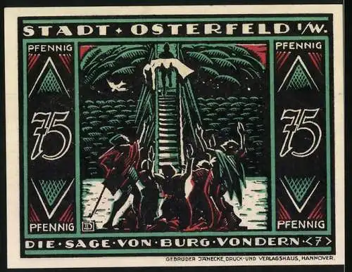 Notgeld Osterfeld, 1921, 75 Pfennig, Die Sage von Burg Vondern mit Stadtansicht und Burgszenen