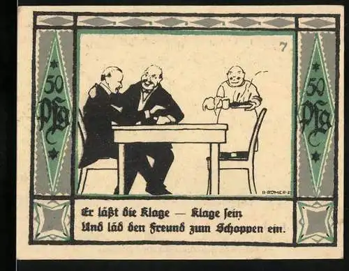 Notgeld Mülsen St. Jacob, 1921, 50 Pfennig, zwei Männer mit einem Baby am Tisch, zwei Löwen mit Wappen