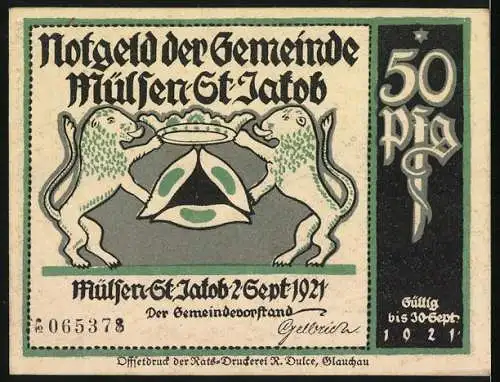 Notgeld Mülsen St. Jacob, 1921, 50 Pfennig, zwei Männer mit einem Baby am Tisch, zwei Löwen mit Wappen