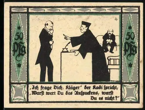 Notgeld Mülsen St. Jacob, 1921, 50 Pf, Gerichtsszene mit Richter und Kläger, Löwenwappen und Ortsinformationen