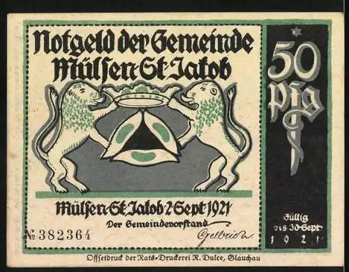 Notgeld Mülsen St. Jacob, 1921, 50 Pf, Gerichtsszene mit Richter und Kläger, Löwenwappen und Ortsinformationen