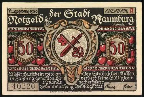 Notgeld Naumburg, 1920, 50 Pfennig, Hussitenzug und Stadtwappen mit Schlüsseln und Schwertern