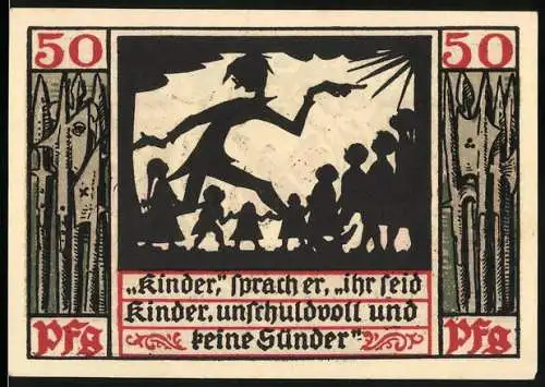 Notgeld Naumburg 1920, 50 Pfennig, Kinder-Scherenschnitt und Wappen mit Schlüssel und Schwert