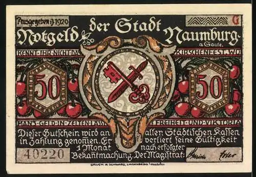 Notgeld Naumburg 1920, 50 Pfennig, Kinder-Scherenschnitt und Wappen mit Schlüssel und Schwert