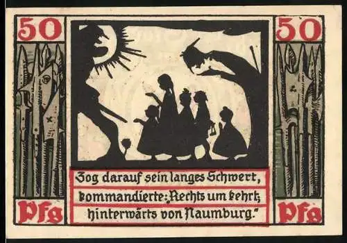 Notgeld Naumburg 1920, 50 Pfennig, Schwert und Kinder auf dem Weg, Stadtwappen und Äpfel