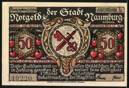 Notgeld Naumburg 1920, 50 Pfennig, Schwert und Kinder auf dem Weg, Stadtwappen und Äpfel