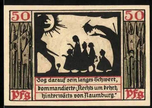 Notgeld Naumburg 1920, 50 Pfennig, Silhouettendarstellung und Stadtwappen mit Schlüssel und Schwert