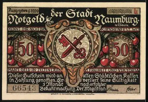 Notgeld Naumburg 1920, 50 Pfennig, Silhouettendarstellung und Stadtwappen mit Schlüssel und Schwert