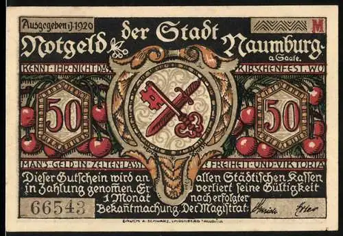 Notgeld Naumburg 1920, 50 Pfennig, Stadtwappen und Spektakel zu Ehren des Mirakels