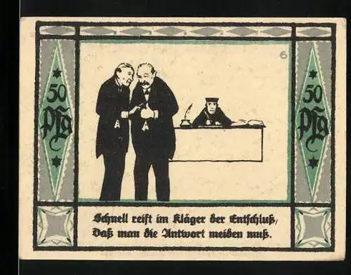 Notgeld Mülsen St. Jakob 1921, 50 Pf, Darstellung eines Gerichtssaals mit Klägern und Schreiber, zwei Löwen