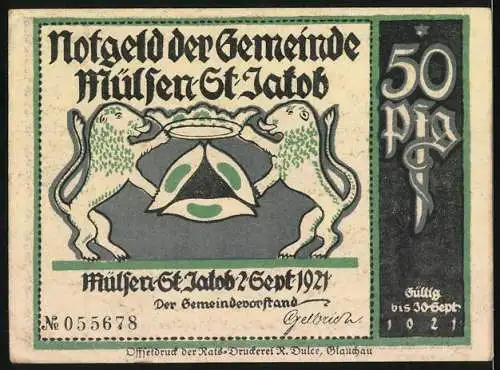 Notgeld Mülsen St. Jakob 1921, 50 Pf, Darstellung eines Gerichtssaals mit Klägern und Schreiber, zwei Löwen