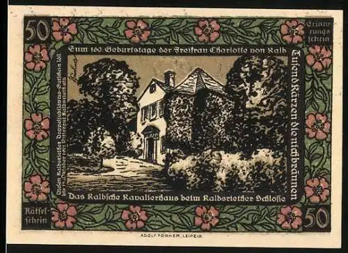 Notgeld Kalbsrieth 1921, 50 Pfennig, Kavalierhaus und Silhouette zweier Personen