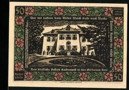 Notgeld Kalbsrieth, 50 Pfennig, Das klassische Schloss Kalbsrieth in der Goldenen Aue, Rückseite Paar Schattenriss