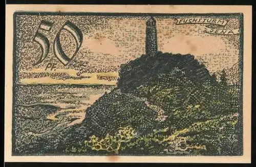 Notgeld Jena, 1921, 50 Pf, Fuchsturm mit Landschaft und Universitätsstadt Jena Design