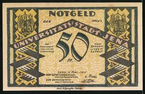 Notgeld Jena, 1921, 50 Pf, Fuchsturm mit Landschaft und Universitätsstadt Jena Design