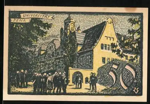 Notgeld Jena 1921, 50 Pfennig, Universitätsgebäude und Adler-Design