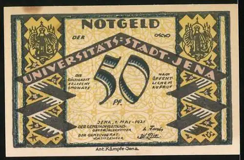 Notgeld Jena 1921, 50 Pfennig, Universitätsgebäude und Adler-Design