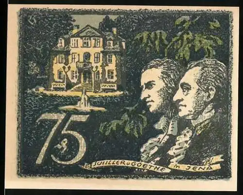 Notgeld Jena 1921, 75 Pfennig, Schiller und Goethe, Gebäude und Schriftzug der Universitätsstadt Jena