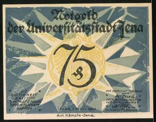 Notgeld Jena 1921, 75 Pfennig, Schiller und Goethe, Gebäude und Schriftzug der Universitätsstadt Jena