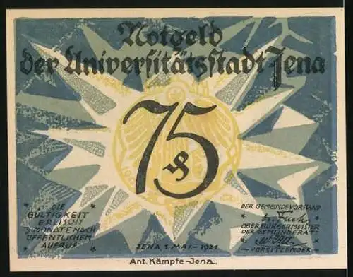 Notgeld Jena, 1921, 75 Pfennig, Ernst Abbe und Universitätssiegel